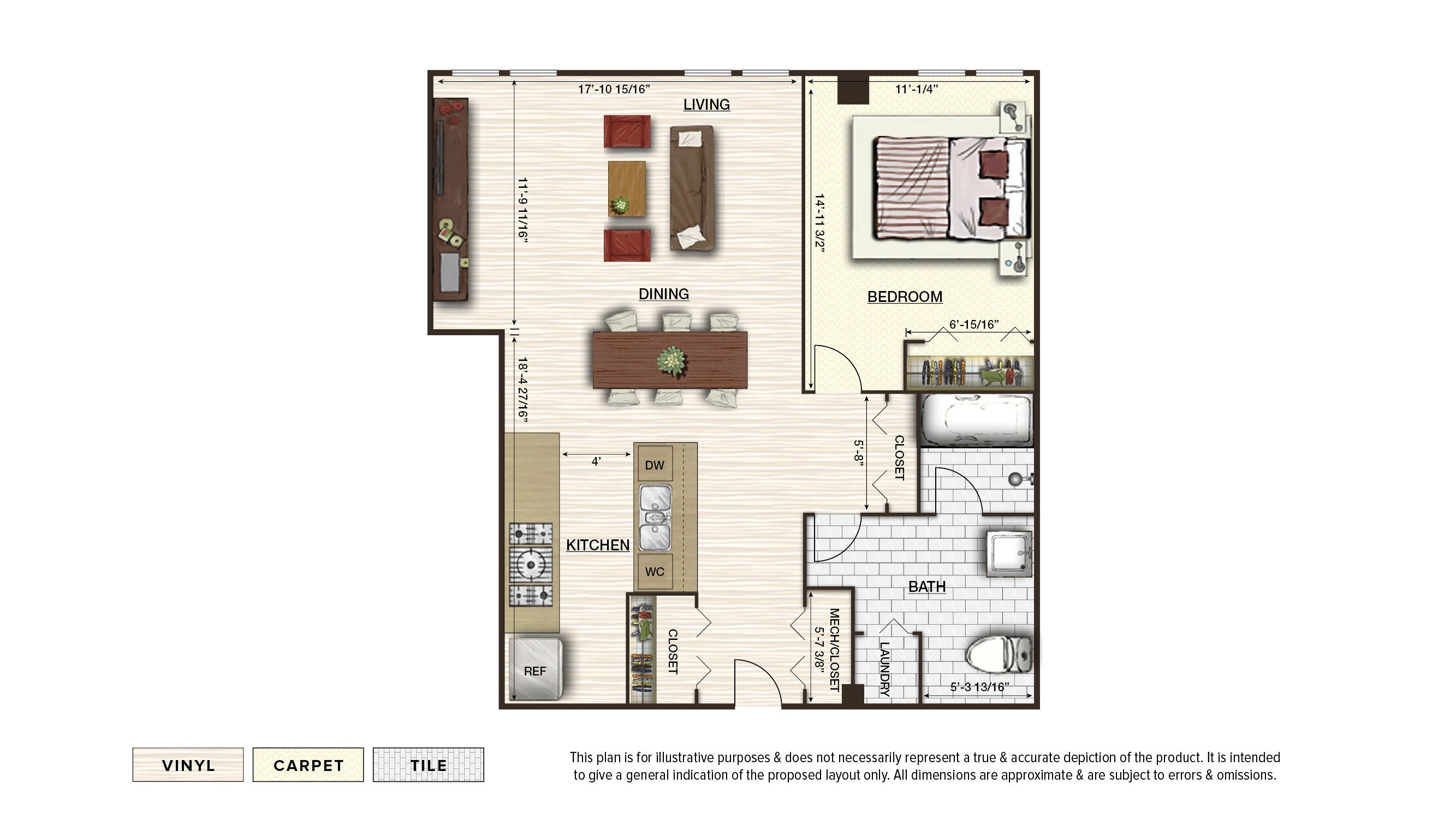 The Apex 5 apartment floor plan with 1 bedroom and 1 bath